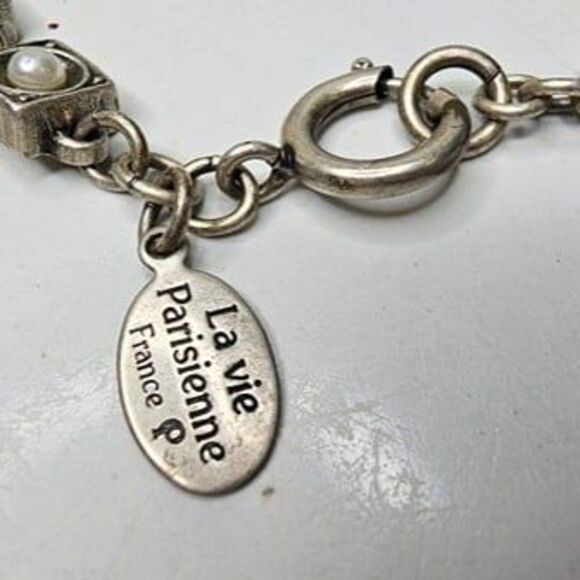 La Vie Parisienne France 7" Silver Tone & Pearl Square Link Bracelet - Picture 2 of 4